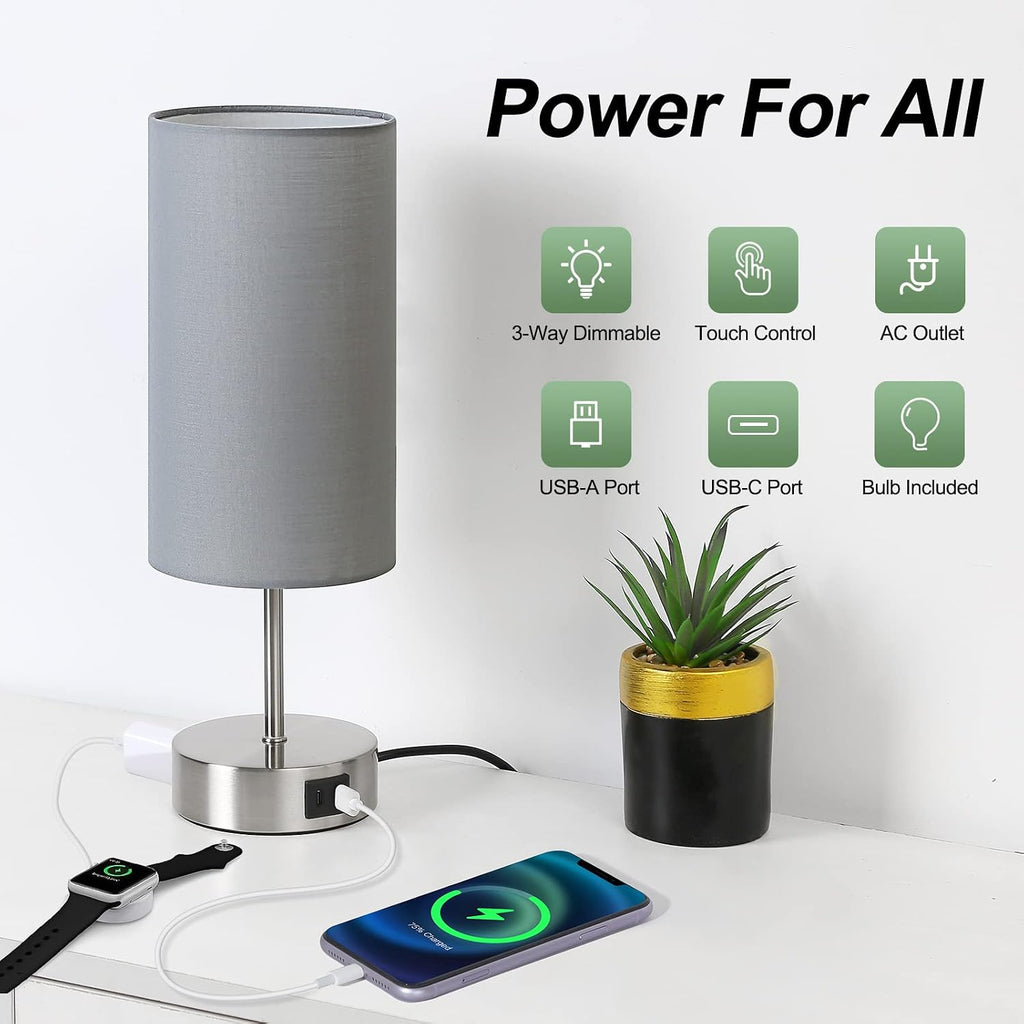 Yarra-Decor 【Upgraded Bedside Lamp with USB A+C Charging Ports & AC Outlet Touch Control Table Lamp for Bedroom 3 Way Dimmable Nightstand…