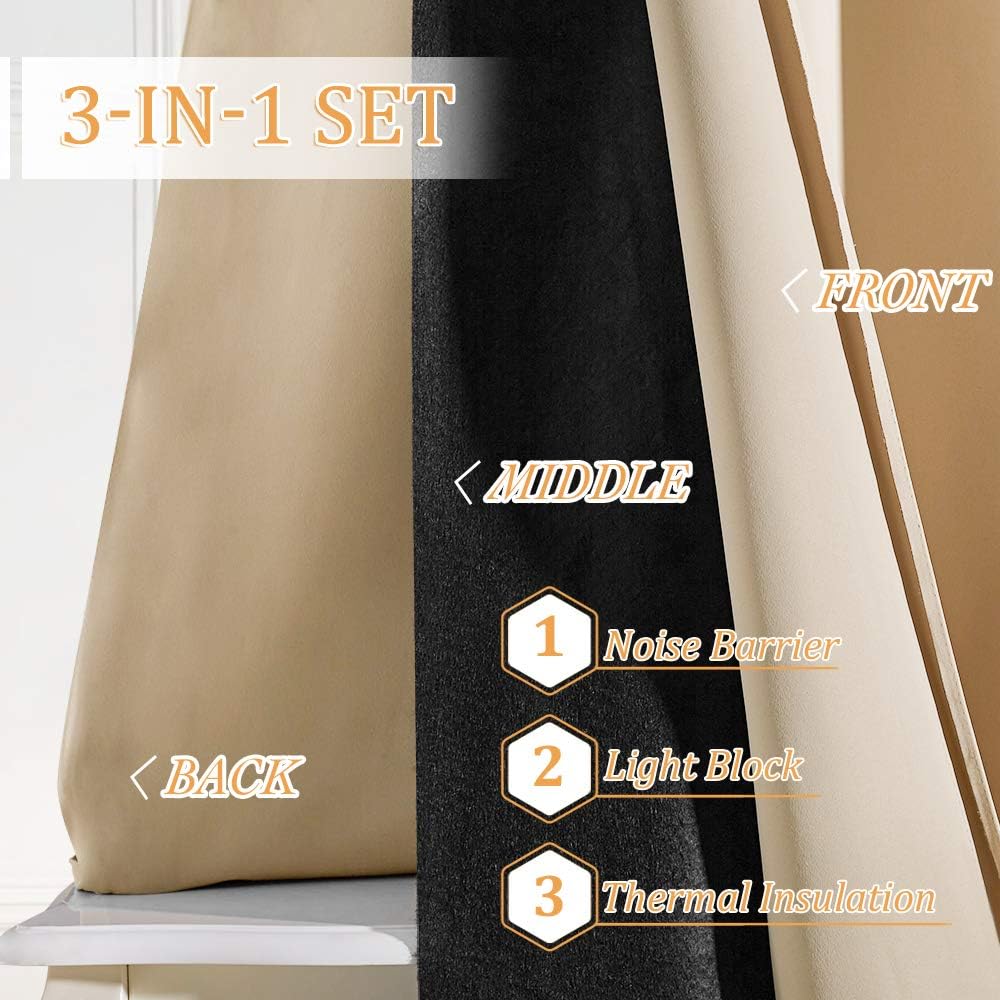 Rybhome RYB HOME 3-in-1 Set Sound Absorbing Blackout Thermal Insulation Curtains, Inside Detachable Felt Liner Noise Reduce Sunlight Block…