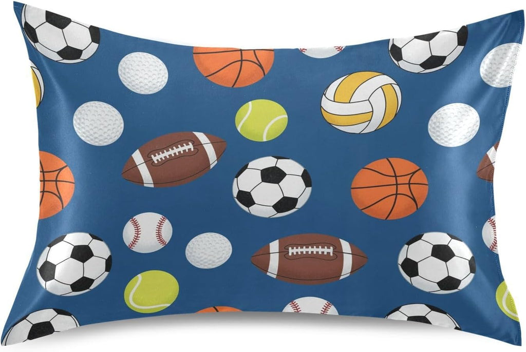 Sports Balls Blue Pillow Covers Silk Pillowcase for Hair and Skin Breathable Silky Soft Satin Pillowcase Queen Size Pillow Case for Hot…