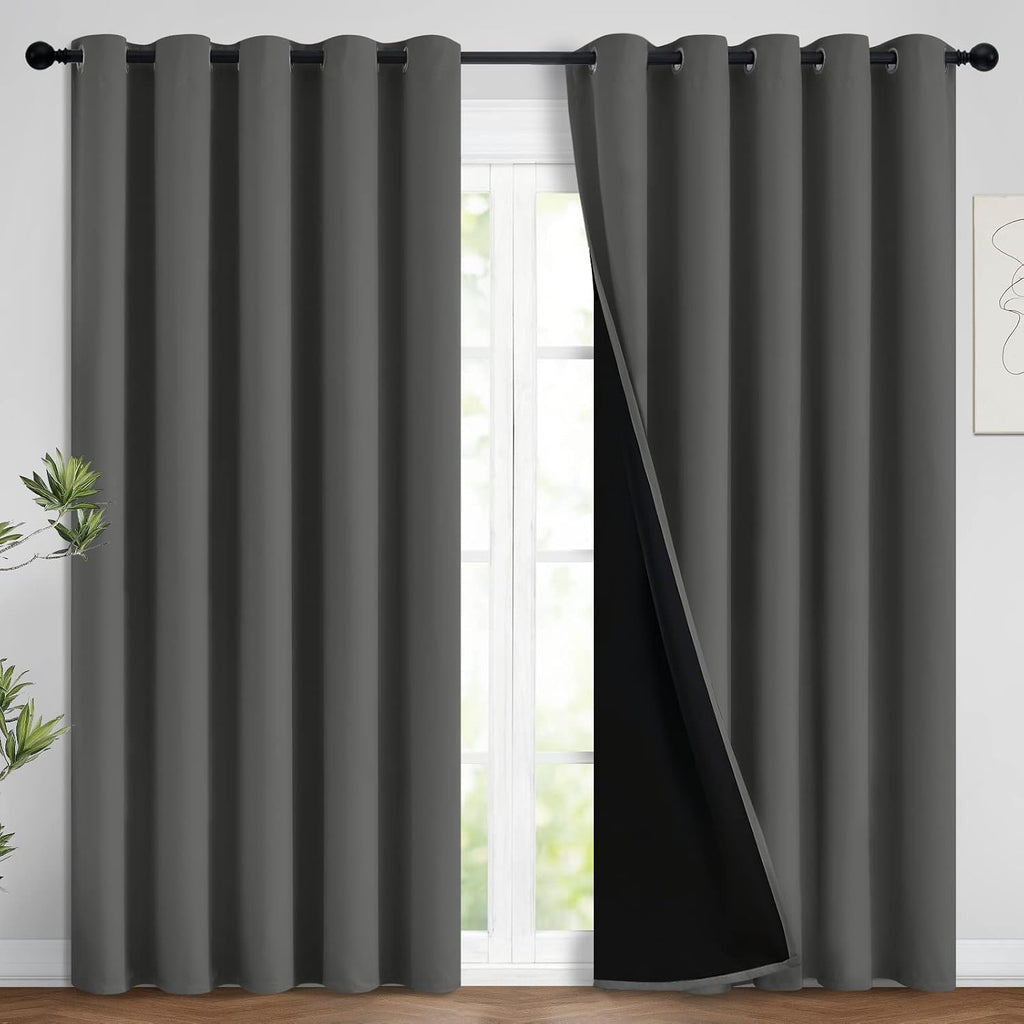 Dark Grey Full Shade Curtain Panels, Heavy Duty Lined Curtains 96 Inches Long, Thermal Insulated Room Darkening Curtains with Black Liner…