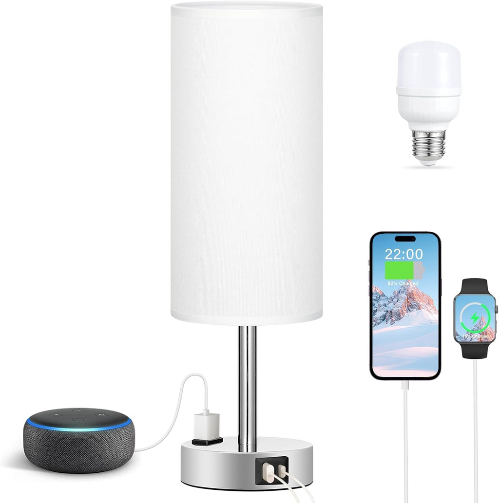 Fenmzee White Touch Bedroom Table Lamp - 3 Way Dimmable Bedside Lamp USB C A Charging Ports and AC Outlet, Small Lamp Nightstand with…