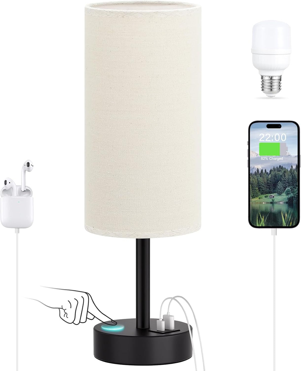 Dicoool Beige Touch Lamp for Bedroom with USB - 3 Way Dimmable Table Lamp for Nightstand, Small Lamp with Black Charging Station for Desk…