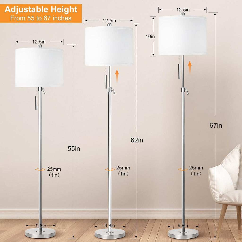 Qingmiao Brushed Nickel Floor Lamps for Living Room, 55"-67" Height Adjustable Modern Tall Lamp, 3-Way Dimmable Standing Lamp for Bedroom…