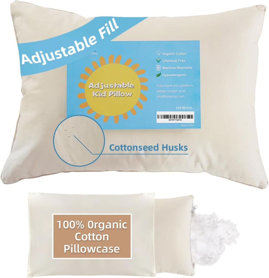 Organic Toddler Pillow with Pillowcase - 13x18 Toddler Pillow with 100% Organic Cotton Shell, Adjustable Loft Organic Kid Plilow, Machine…