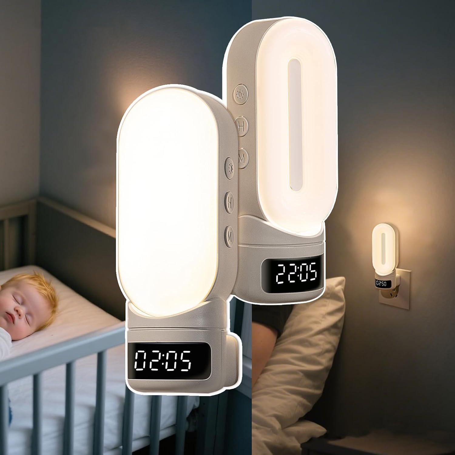 LED Night Light Plug in Wall with Digital Clock, Remote Control, 350° Rotatable Head, Adjustable Brightness, Warm White Lamp for Bedroom…