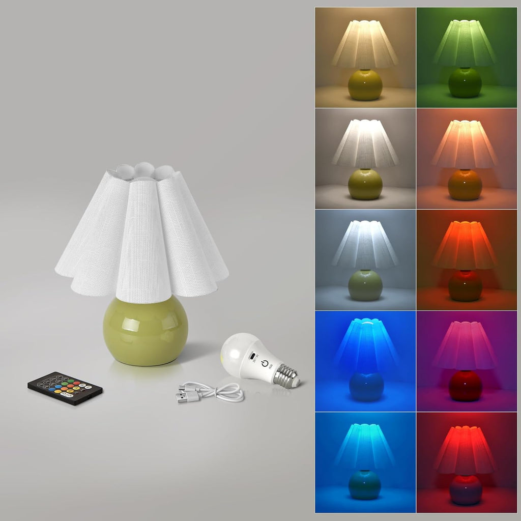 Rechargeable Cordless Green Small Table Lamp, Battery Operated Remote Control LIght Mini Cute Table Lamps for Bedroom Nightstand, Cute…