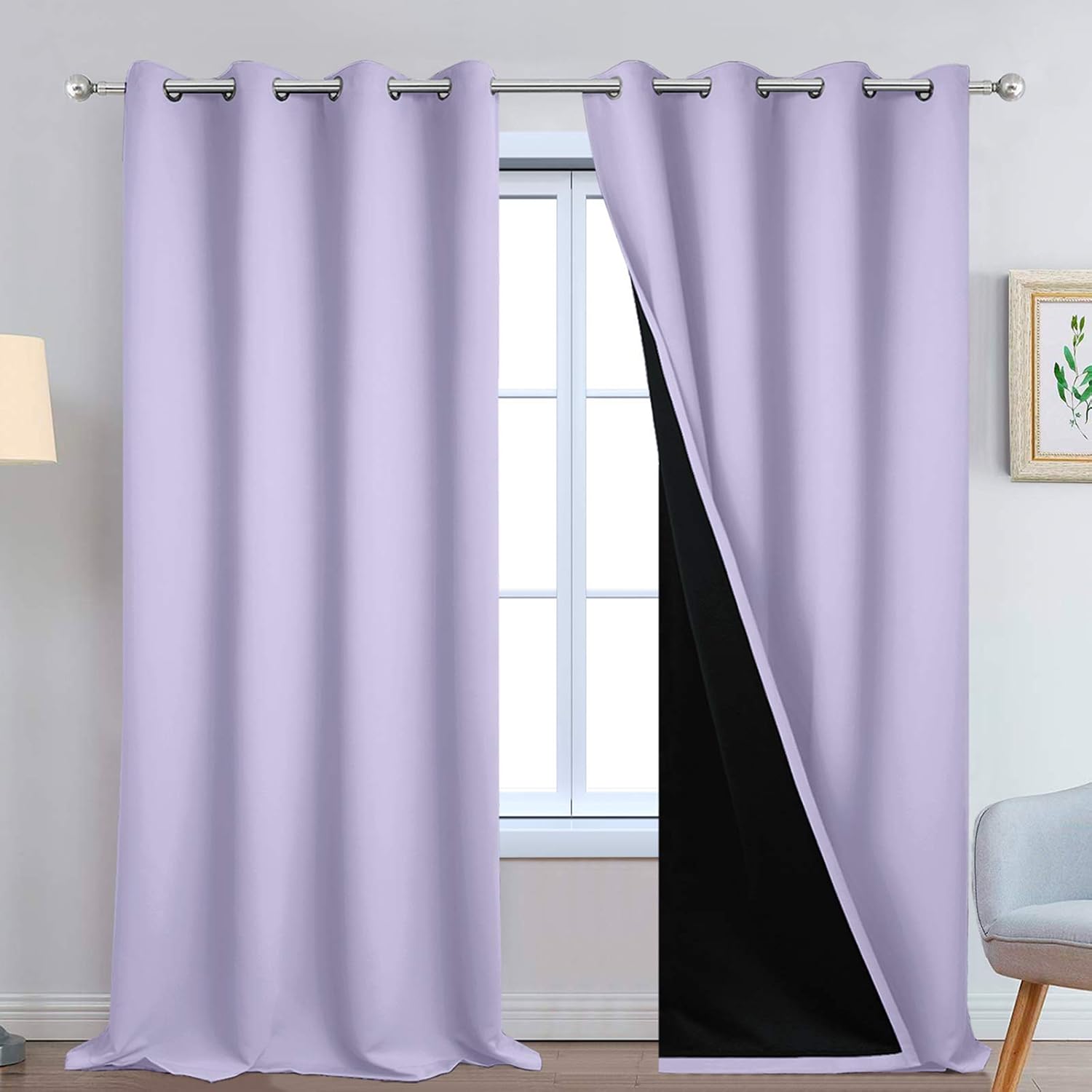 Yakamok 100% Blackout Curtains Energy Saving Thermal Insulated 2 Thick Layers Completely Blackout Drapes with Black Liner for Bedroom (52Wx…