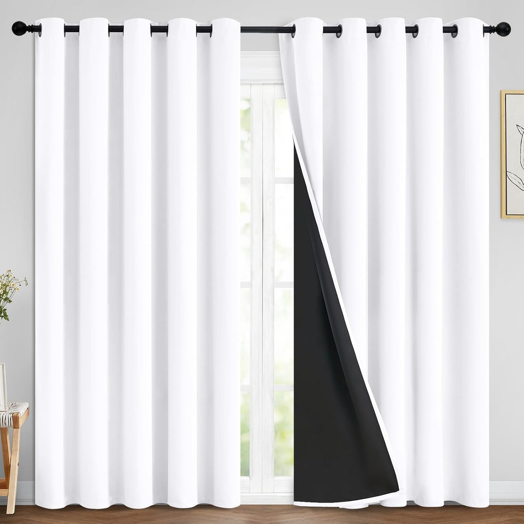 Yakamok Pure White 100% Blackout Curtains, 2 Thick Layers Completely Blackout Curtains Thermal Insulated Noise Reducing Drapes for Bedroom(…