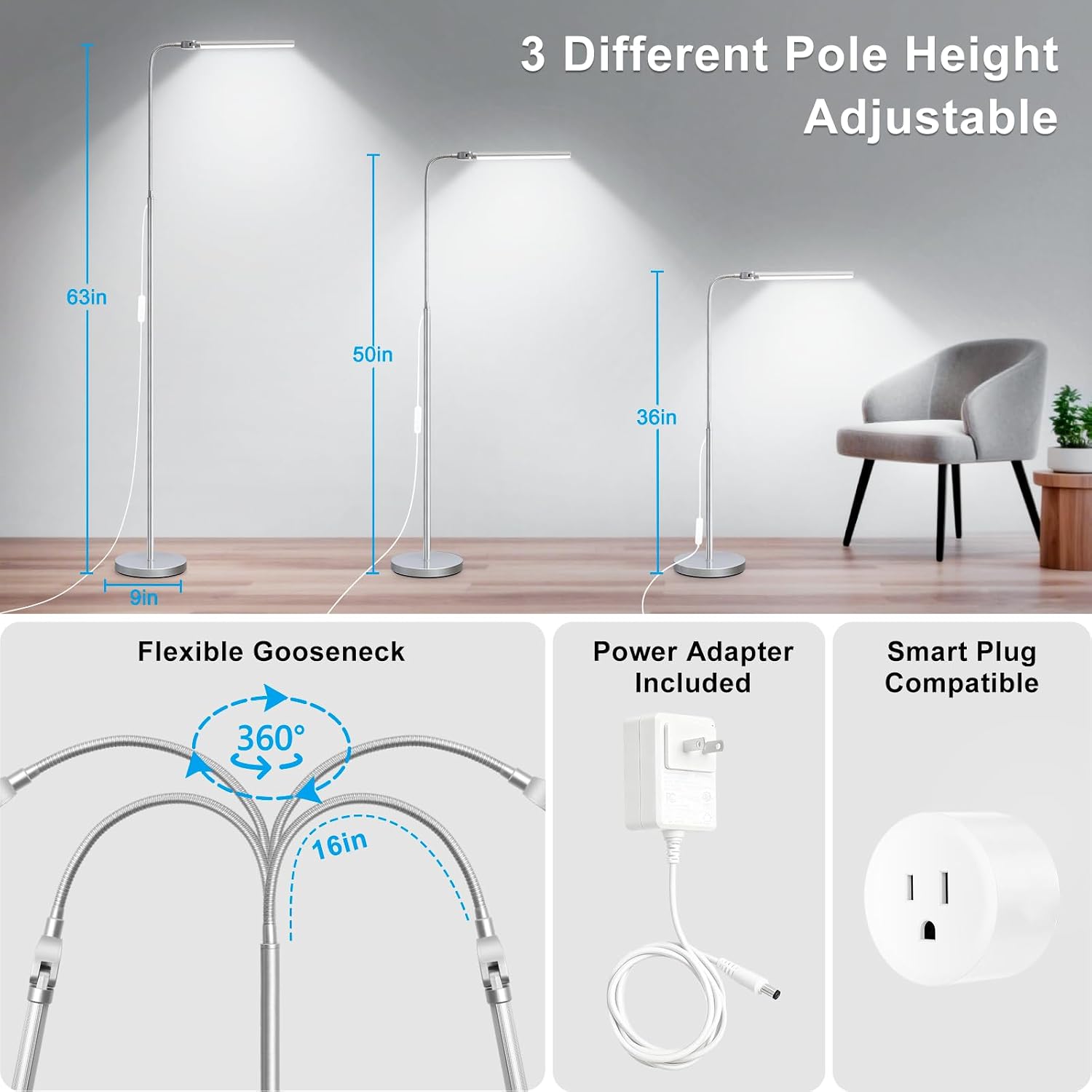 Bright Floor Lamp, 18W/2000LM Silver LED Floor Lamp with Double Head, Adjustable Gooseneck Dimmable Craft Light for Sewing Tatoo…