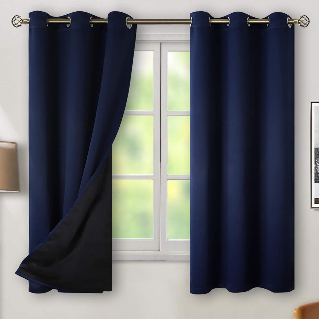 BGment Navy 100% Blackout Curtains for Bedroom 63 Inches Long with Black Liner, Thermal Insulated Double Layer Full Room Darkening Noise Re…