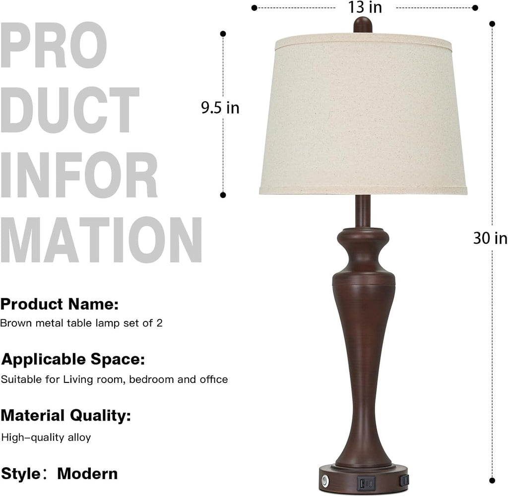 Ruzectt 30 Inch Brown Table Lamps Set of 2, 3-Way Dimmable Touch Bedside Lamp with USB A+C Ports and AC Outlet, Tall Living Room Lamps…