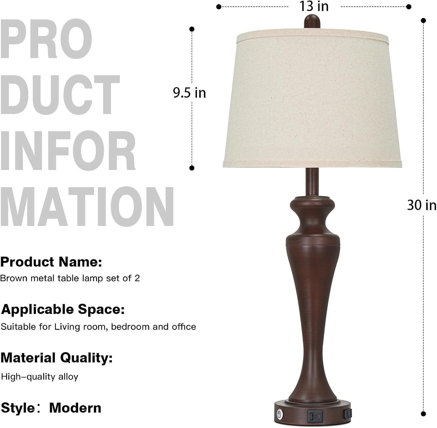 Ruzectt 30 Inch Brown Table Lamps Set of 2, 3-Way Dimmable Touch Bedside Lamp with USB A+C Ports and AC Outlet, Tall Living Room Lamps…