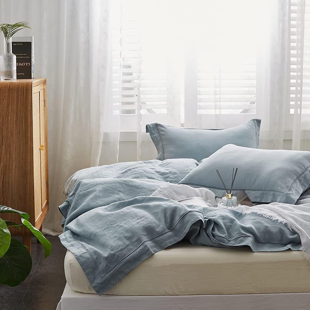 Simple&Opulence 100% Washed Linen Duvet Cover Set with Embroidered,3 Pieces Soft Farmhouse Comforter Set with Button Closure…