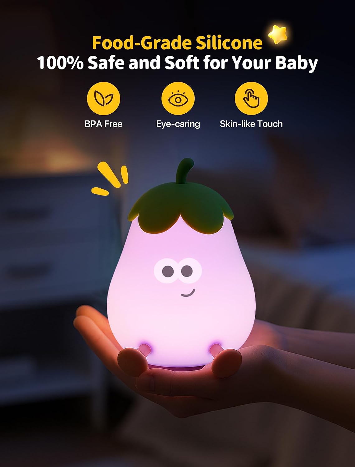 Eggplant Night Light for Kids, Cute Squishy Silicone Lamp, Rechargeable LED Nightlight, 3-Level Dimmable Bedside Lamp for Bedroom Kids…
