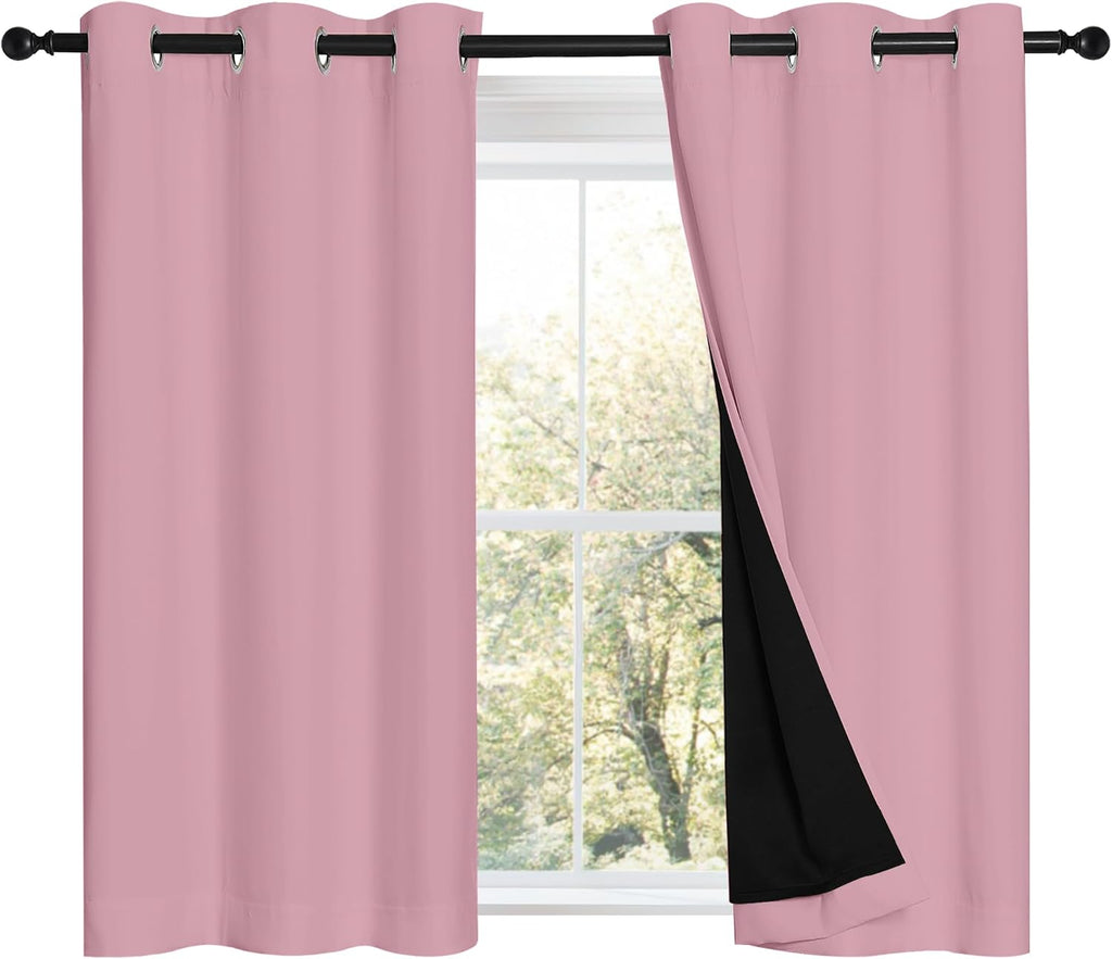 Nicetown 100% Blackout Short Curtains with Black Liners, 2 Panels, 37" W by 40" L, Crystal Pink, Thermal Insulated Full Blackout 2-Layer Li…