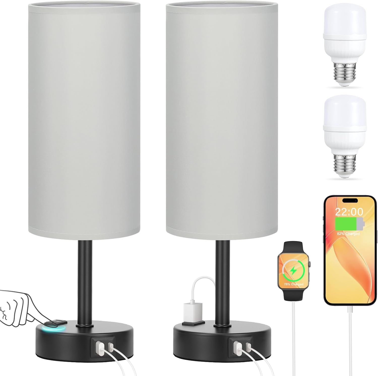 PartageiZ Grey Touch Table Lamps Set of 2-3 Way Dimmable Bedroom Lamps for Bedside with USB C and A Ports, Small Nightstand Lamps with AC…