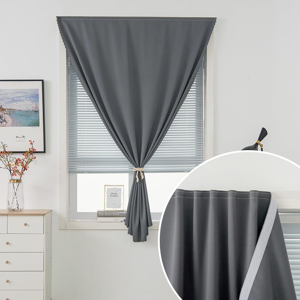 Magic Tape Blackout Curtains for Bedroom No Drillng Self Adhesive Curtains No Rod Small Window, 47" W X 84" L, Grey, 1 Panel