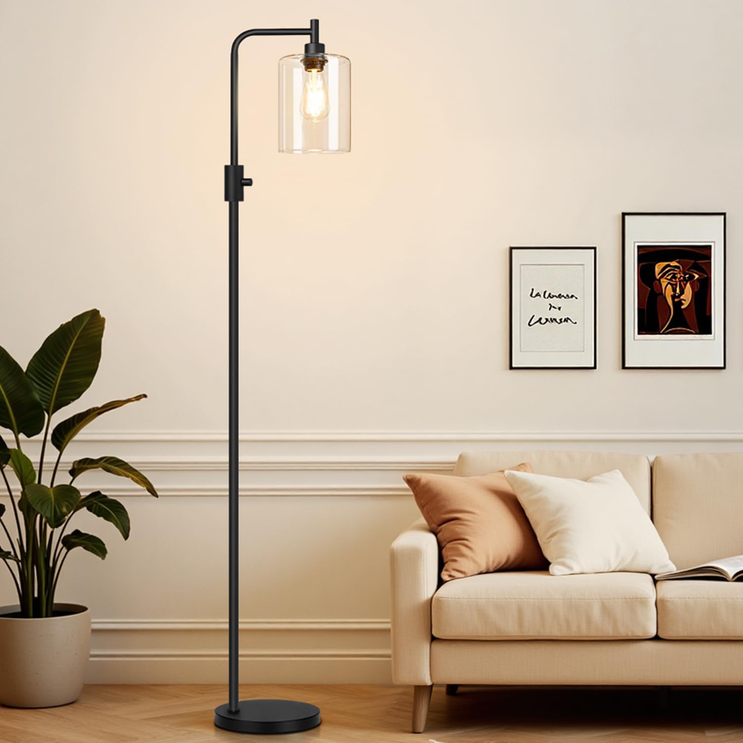Upgraded】Dimmable Floor Lamp for Living Room with Glass Shade, Black Modern Industrial Floor Lamp with 900LM LED Bulb Included, Bright…