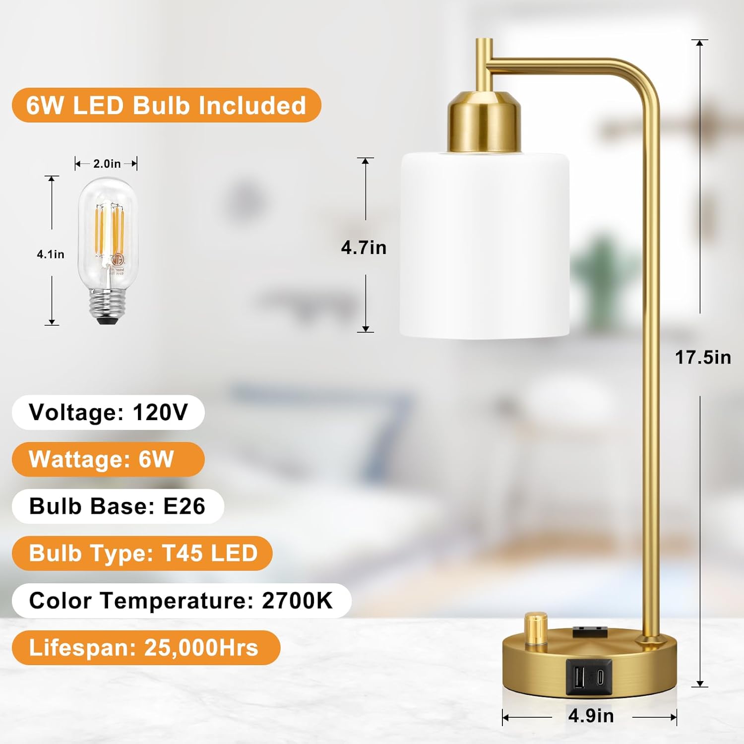 Innqoo Gold Lamp for Bedroom - Industrial Bedside Table Lamp with USB Port and Outlet, Fully Dimmable Nightstand Lamp with Opal Glass…