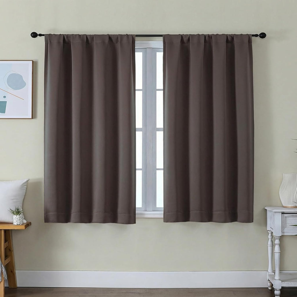 Simplebrand Ava Chocolate Short Blackout Curtains for Bedroom 45 Inches Long 2 Panels Set, Solid Thermal Insulated, Energy Saving Window Tr…