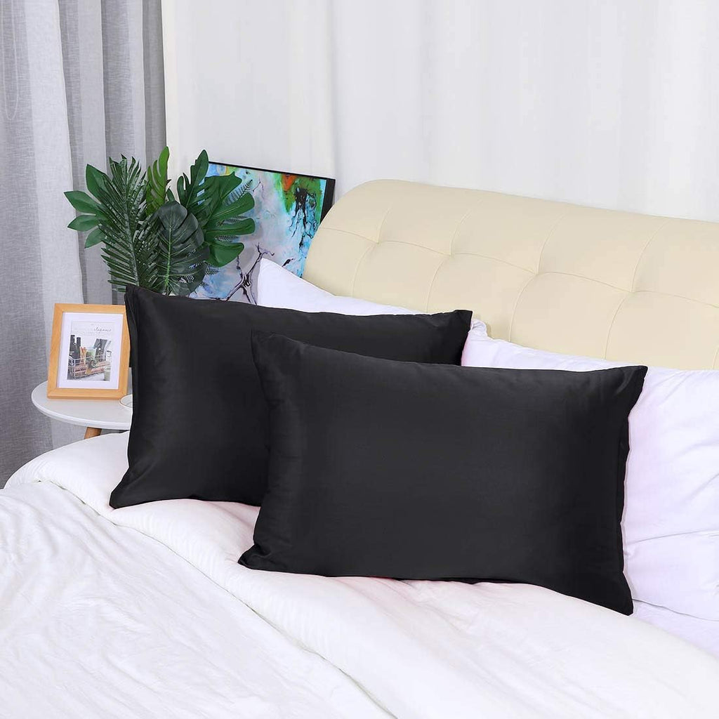 uxcell Queen Satin Pillowcase with Zipper, Super Soft and Luxury, Silky Pillow Cases Covers Set of 2, 21"x31", Black