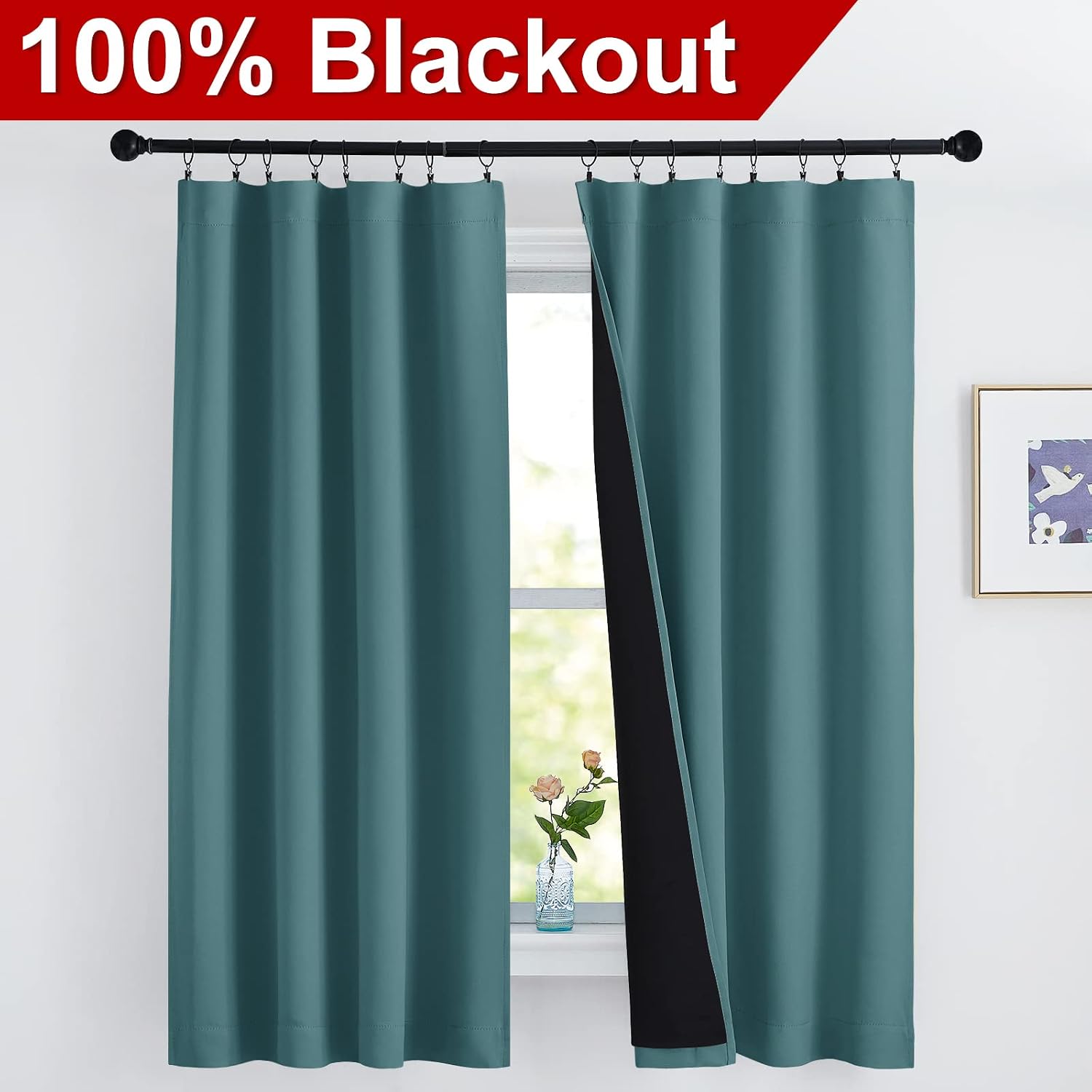 Nicetown 100% Blackout Curtain Panels, Thermal Black Liner Curtains for Nursery Room, Noise Reducing and Cold Blocking Drapes for Windows (…