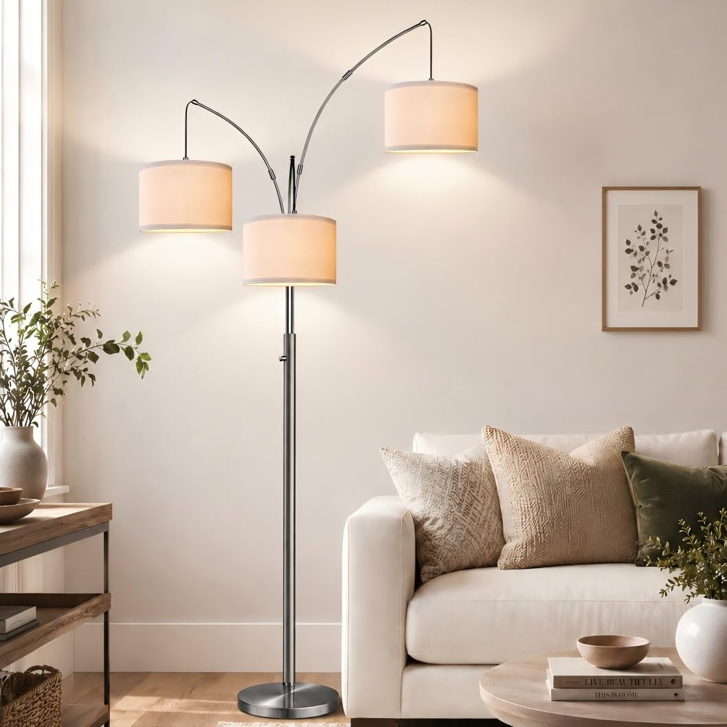 Nintiue Dimmable Floor Lamp - 3 Lights Brushed Nickel Arc Floor Lamps for Living Room,1000LM Modern Tall Standing Lamp with White…