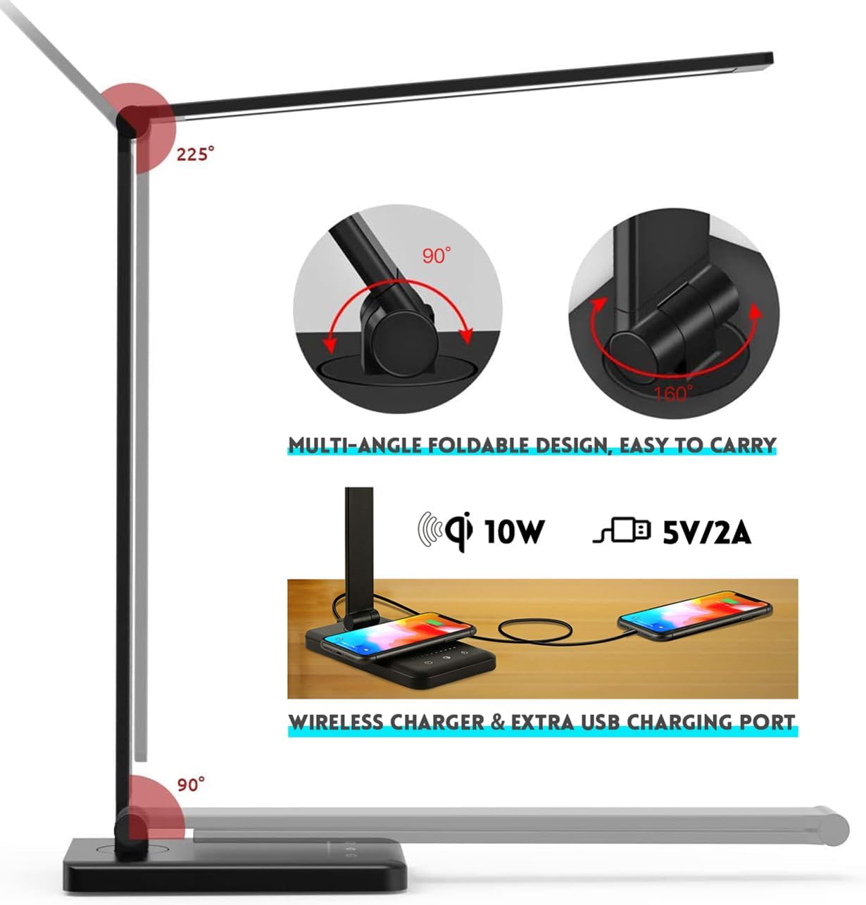 Jostic LED Desk Lamp with Wireless Charger, USB Charging Port, 10 Brightness, 5 Color Modes, Desk Lamps for Home Office, Dimmable Table Lam…
