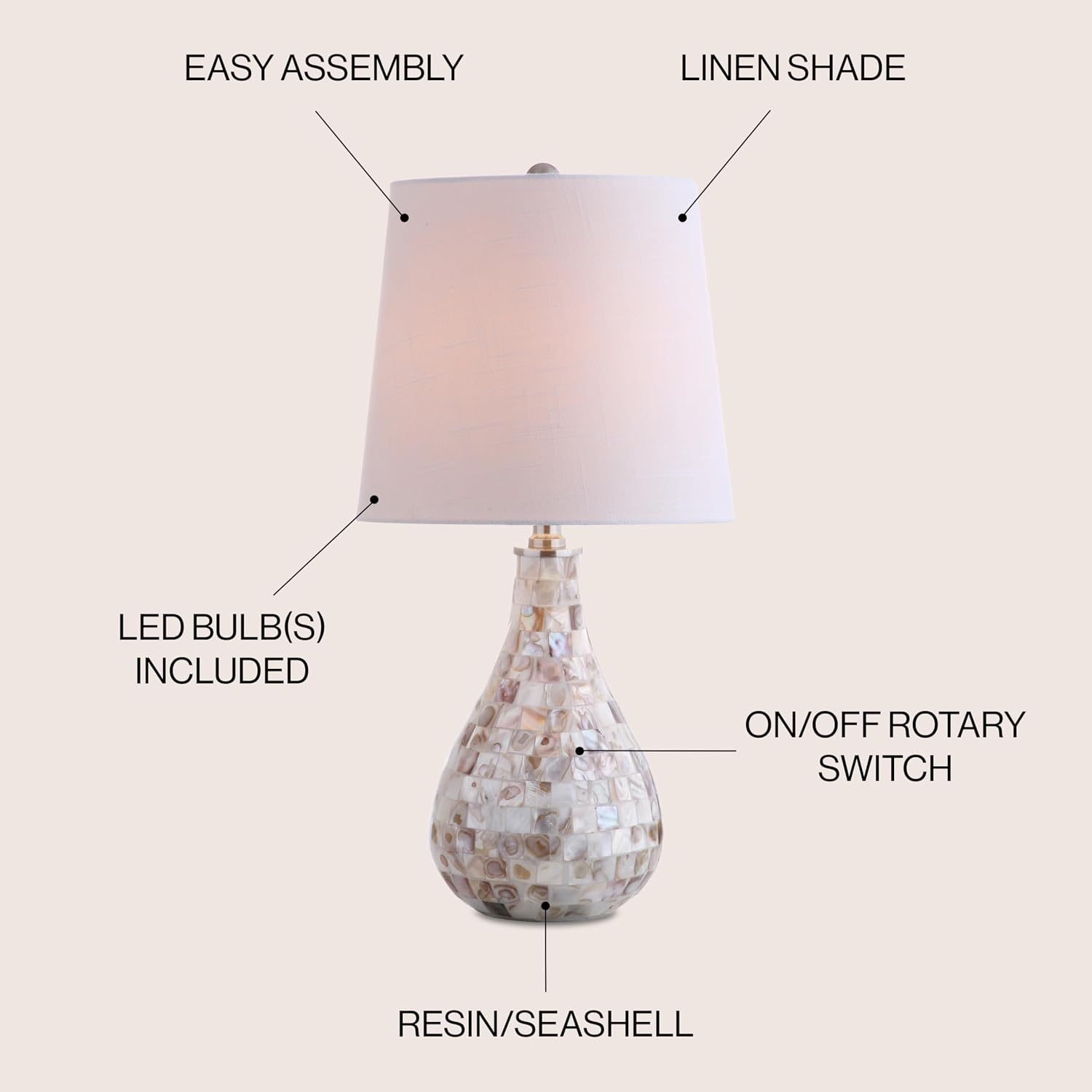 JONATHAN Y 20.5" Seashell Coastal Mini LED Table Lamp for Living Room Office, White Linen Drum Shade, Modern Mother of Pearl Bedside…