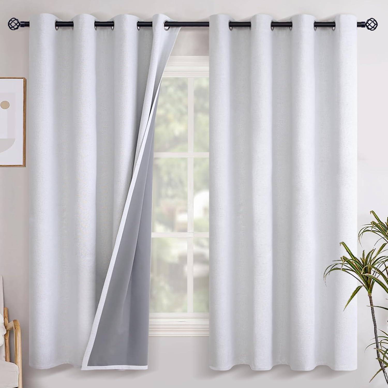YoungsTex White Linen Blackout Curtains 63 Inch Length for Bedroom, Room Darkening Drapes with Grommet Thermal Insulated for Living Room Wi…