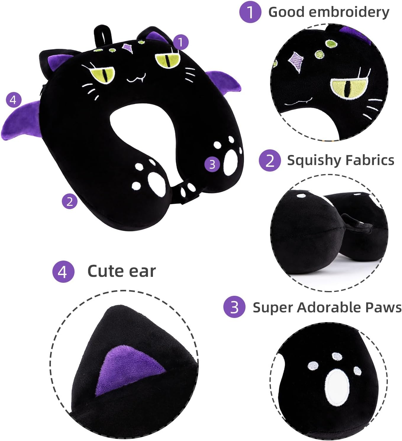 NiuniuDaddy Niuniu Daddy Black Cat Kids Neck Travel Pillow for Kids, Compact Portable Travel Neck Pillow Supportive for Airplane Car Reclin…