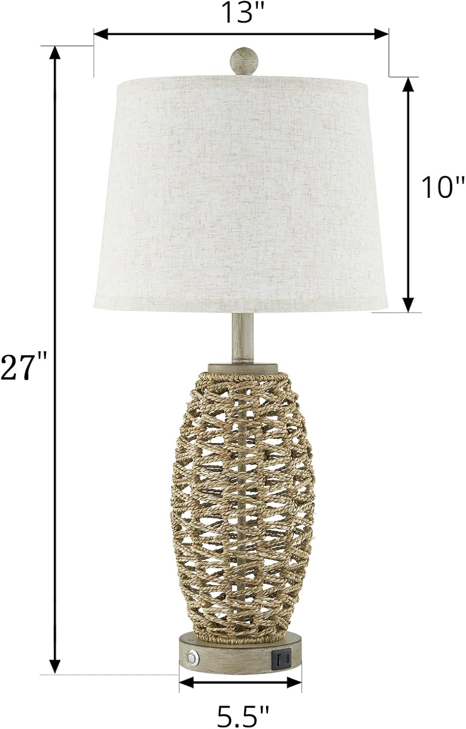 27” Natural Rattan Table Lamps Set of 2, Touch Switch,3-Way Dimmable Bedside Lamps, with A+C USB Charging Ports, Oatmeal…