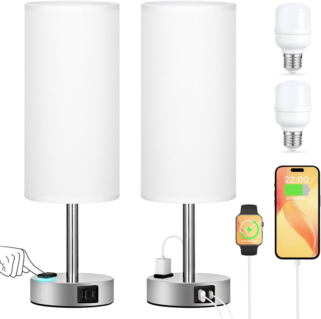 PartageiZ White Touch Nightstand Lamps Set - 3 Way Dimmable Bedside Table Lamp for Bedroom with USB Ports, Small Lamps with AC Outlet for…