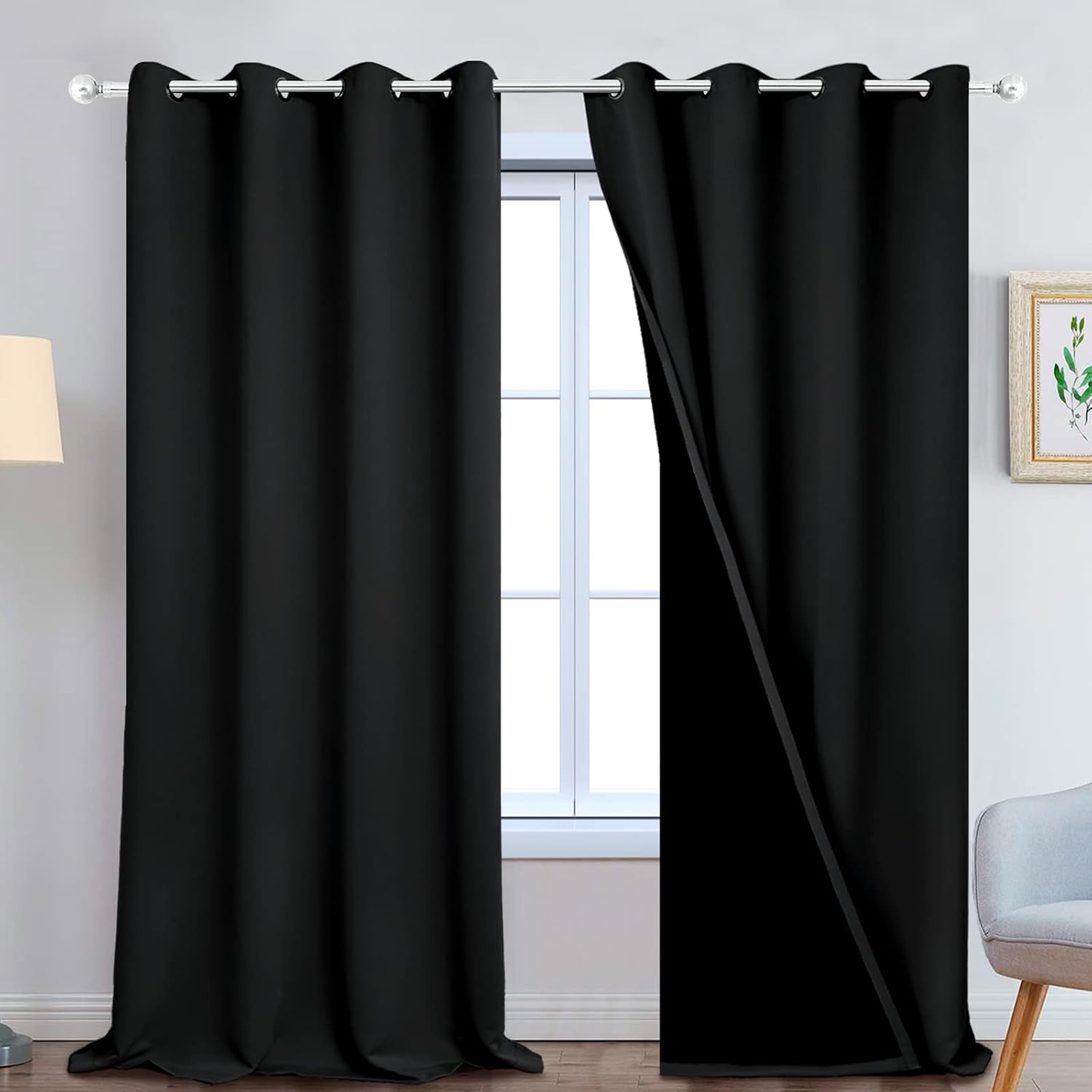 Yakamok 100% Blackout Lined Panels, Room Darkening Thermal Insulated Blackout Curtains for Bedroom, Heat Blocking Drapes for Living Room(52…
