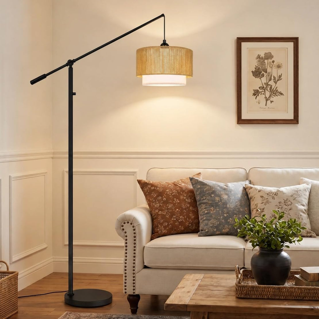 Upgraded】Boho Dimmable Floor Lamps with Adjustable Swing Arm, 1100 Lumens Bulb Included, Modern Arc Standing Lamp with Rattan & Fabric…