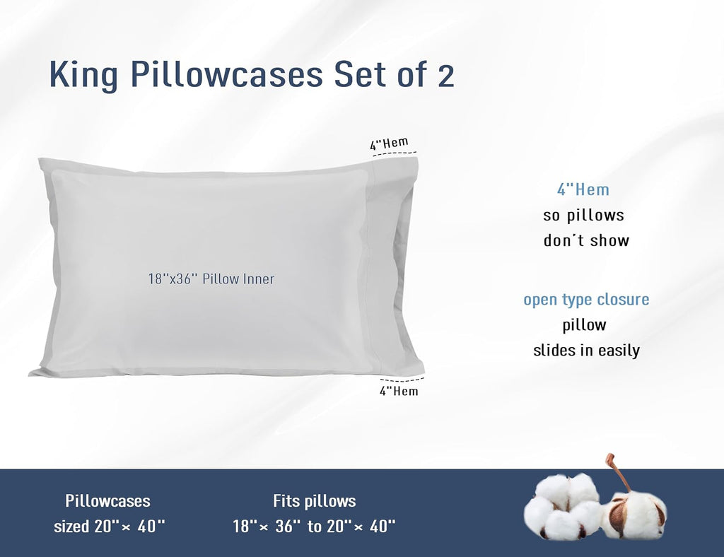 Homtec Pillow Cases, King Size Cotton Percale Weave Pillowcases, Pre-Shrunk Breathable and Hypoallergenic Pillowcases, Set of 2 (2 Piece Ki…