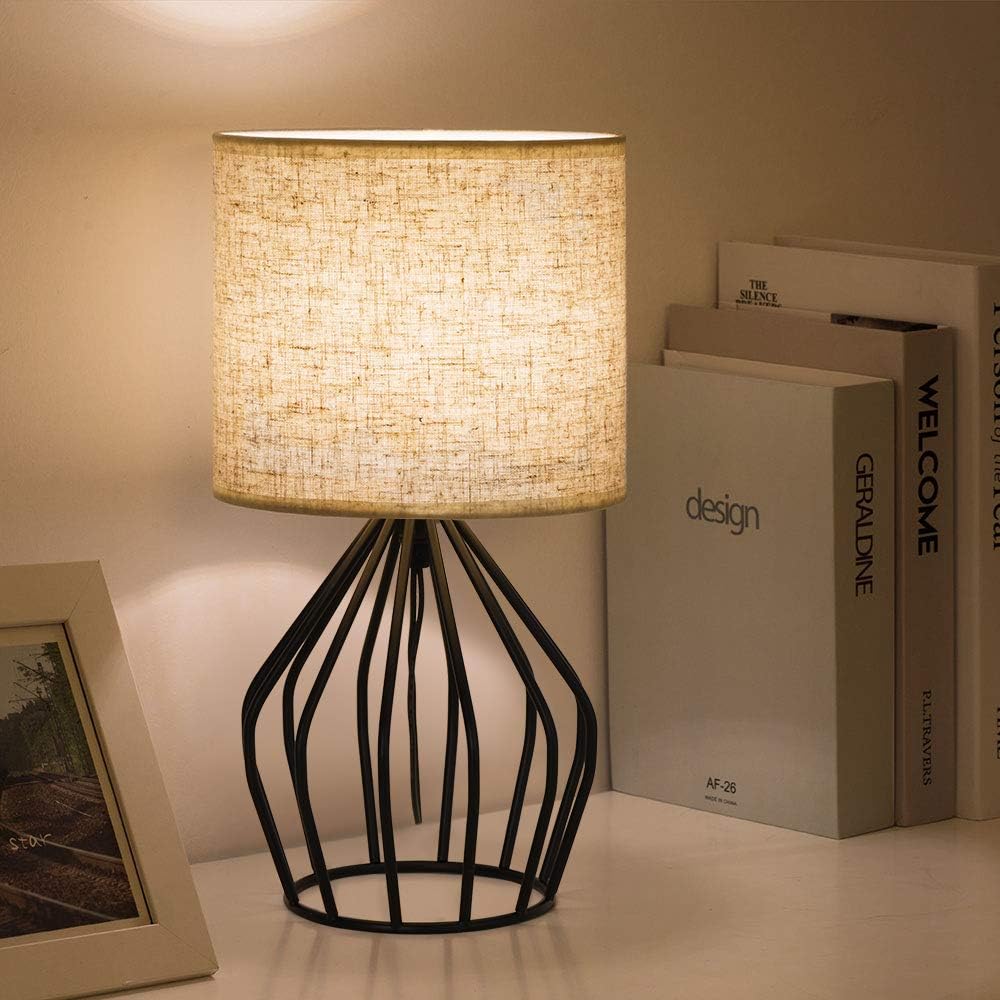 HAITRAL Black Modern Table Lamp - Minimalist Small Bedside Lamp with Hollowed Out Base Linen Fabric Shade, Vintage Nightstand Lamp for…