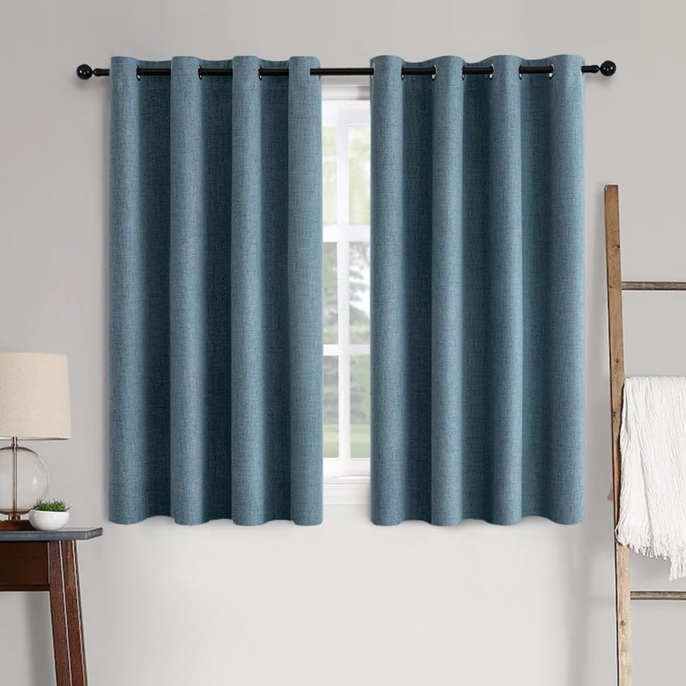 Miulee Linen Texture Curtains for Bedroom Solid 100% Blackout Thermal Insulated Dusty Blue Curtains Grommet Room Darkening Drapes Luxury De…