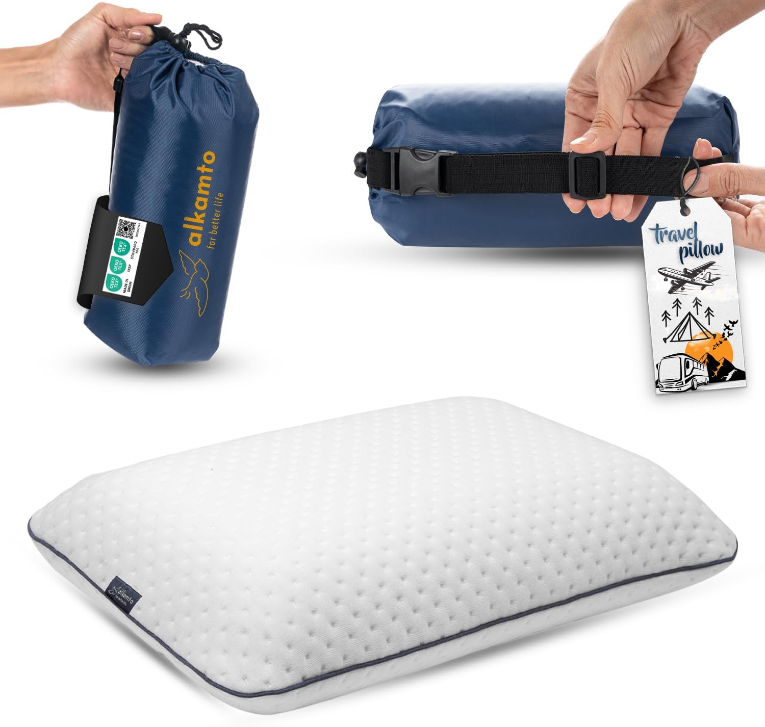 alkamto Travel & Camping Comfortable Memory Foam Pillow – Easy to Carry Portable Bag – Temperature Regulating Pillow Case (White)