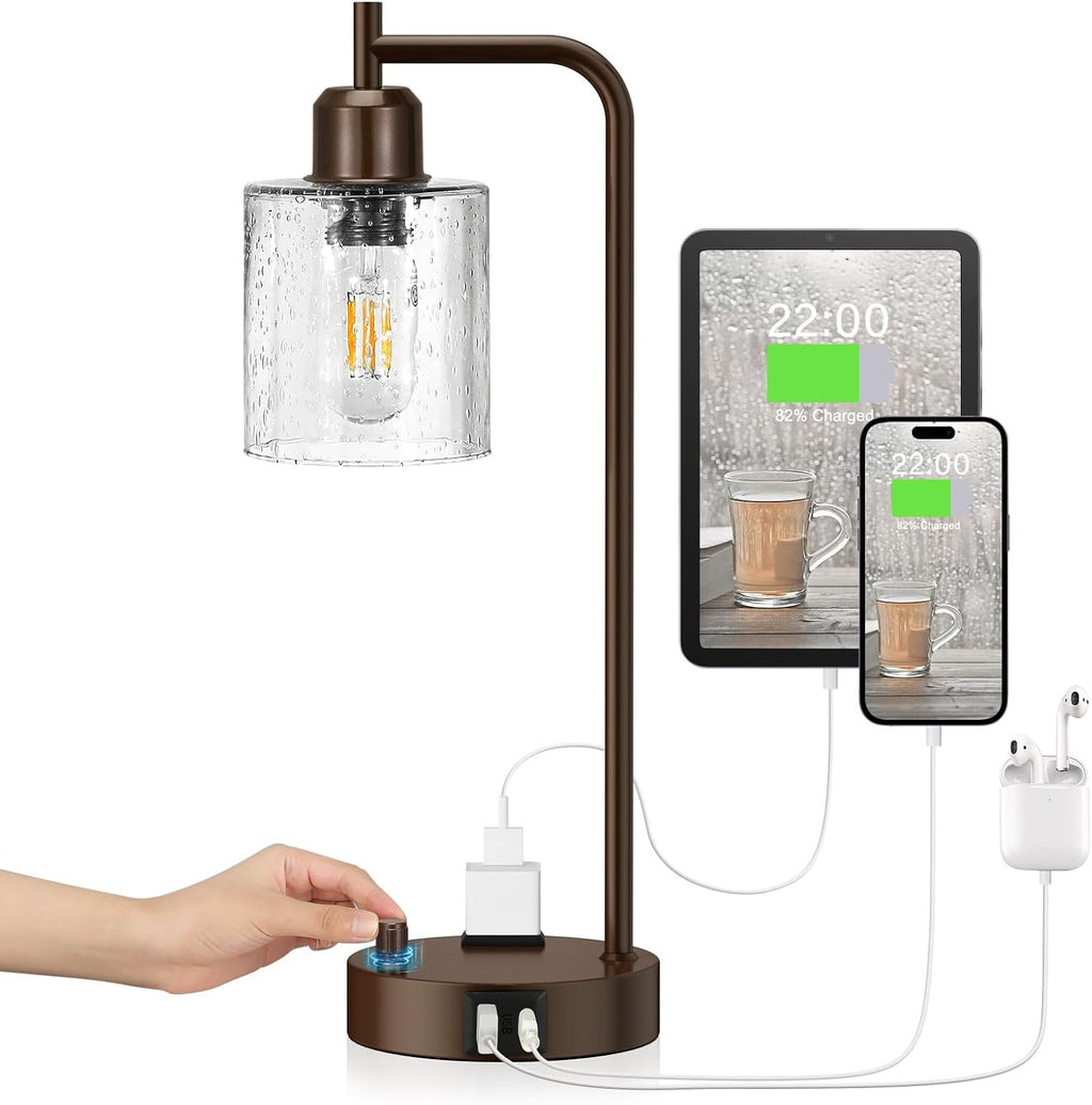 Innqoo Brown Industrial Bedside Table Lamp for Bedroom - Nightstand Lamps with USB C Charging Port, Fully Dimmable Black Ports and…