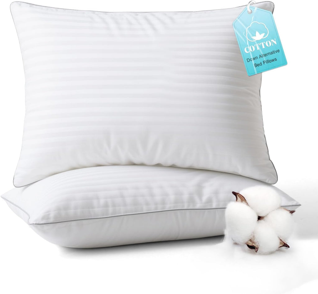 Bed Pillows King Size Set of 2-100% Cotton Cover, Down Alternative Gel Polyfill Filled, Flat Soft Medium Adjustable Hotel-Style Pillow…