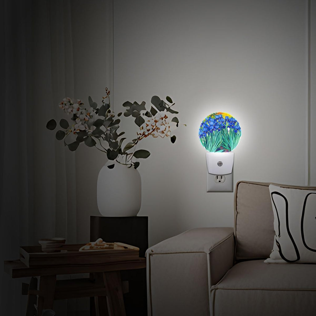 Blue Flower Oil Painting Night Light Plug Into Wall Auto Led Sleep Round Lamp for Living Room Hallway Stairs