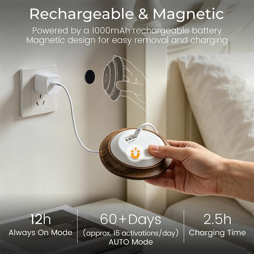 Motion Sensor Night Light Wood Rechargeable Battery Powered Stick-On Step Lights Magnetic Closet Warm Nightlight for Hallway Bedroom…