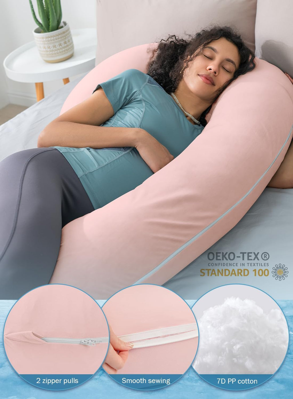 INSEN Cooling Pregnancy Pillow, Maternity Pillow with Soft Cotton Cover, C Shaped Pregnant Women and Side Sleeping, Bright Pink