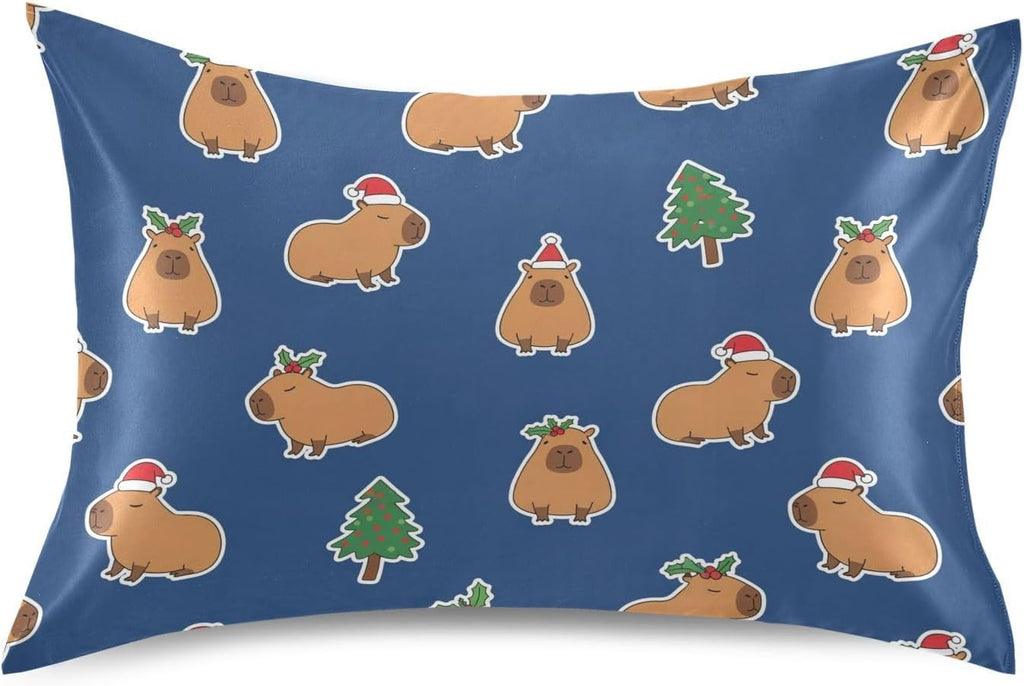 Christmas Capybara Blue Pillow Covers Silk Pillowcase for Hair and Skin with Envelope Closure Satin Pillowcase King Size Pillow Case for…