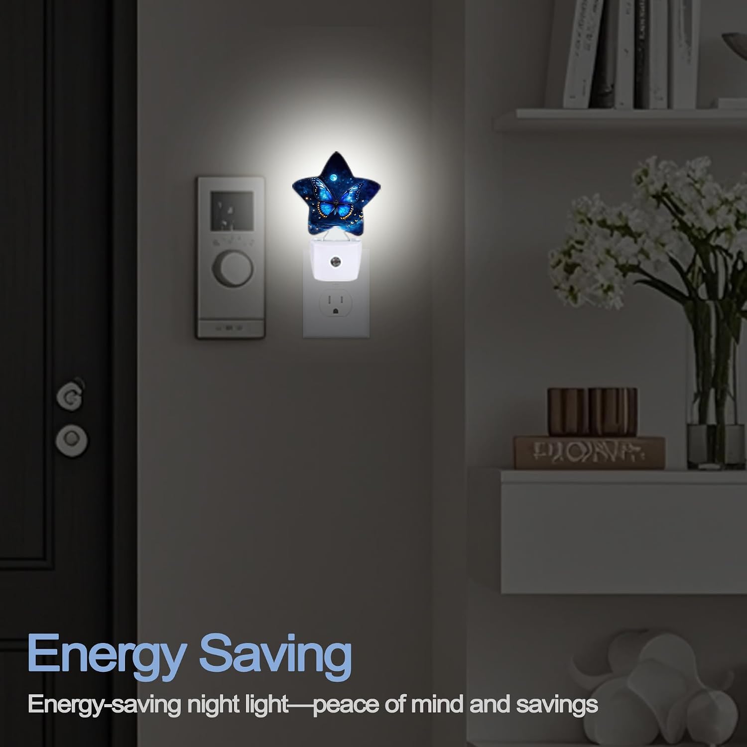 Snowmolle Blue Butterfly Moon Dusk to Dawn Star Night Light, Starry Sky Smart Sensor Nightlight for Bedroom Kitchen Hallway Stairs, Plug-in E…