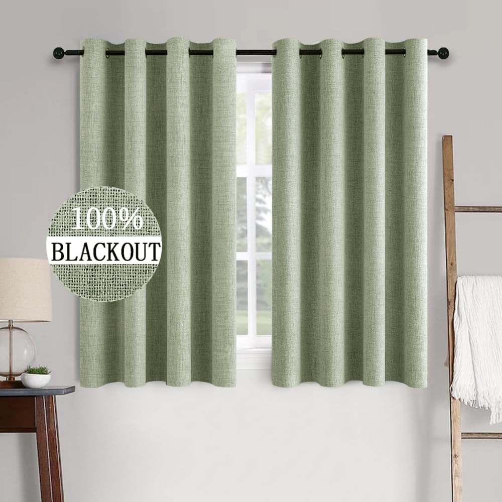 Miulee Linen Texture Curtains for Bedroom Solid 100% Blackout Thermal Insulated Sage Green Curtains Grommet Room Darkening Drapes for Livin…