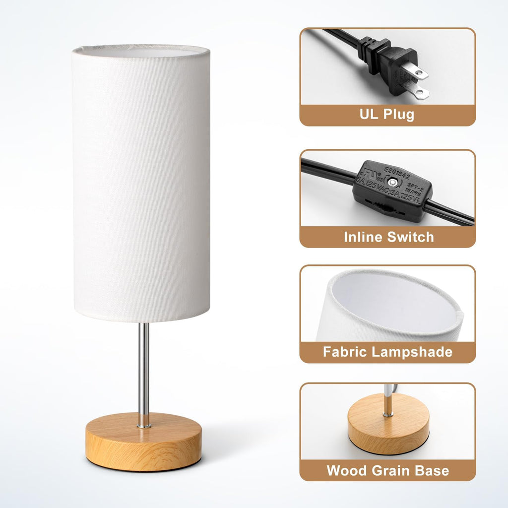 Small Table Lamp for Night Stands, Round White Fabric Shade and Wood Base, Modern Minimalist Bedside Lamps for Bedroom Dresser, Living…