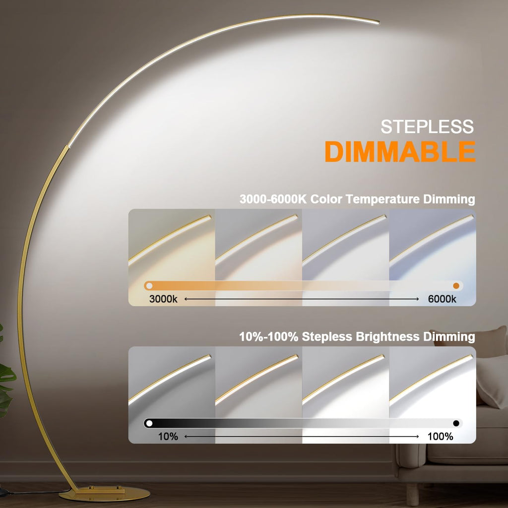 Dimmable LED Floor Lamp with 3 Color Temperatures, Ultra Bright 2000LM Gold Arc Floor Lamp, Modern Standing Tall Lamp with Remote Control…