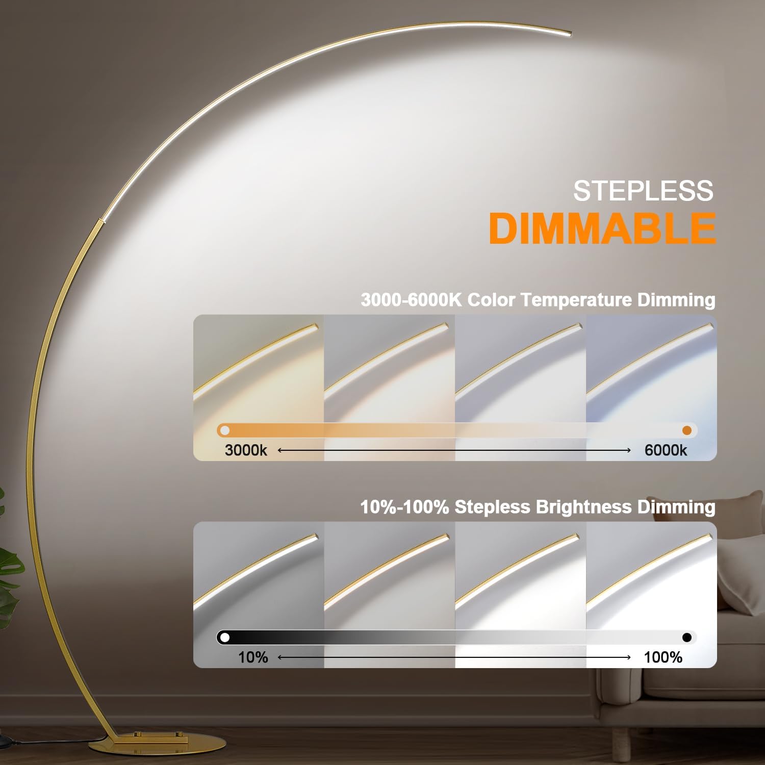 Dimmable LED Floor Lamp with 3 Color Temperatures, Ultra Bright 2000LM Gold Arc Floor Lamp, Modern Standing Tall Lamp with Remote Control…